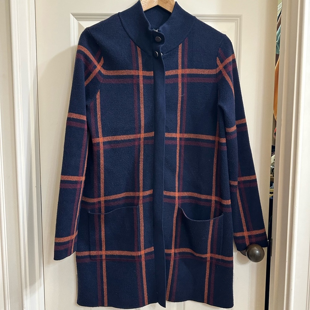 Max Studio Jacket Women Large Navy Sweater Plaid Coat Heavy Academia Career Fall